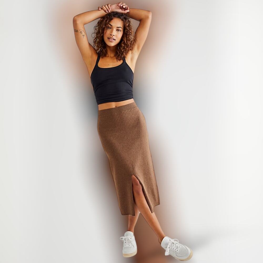 FREE PEOPLE Skyline Midi Skirt Ribbed Knit Front Slit Coquette Stretch Brown